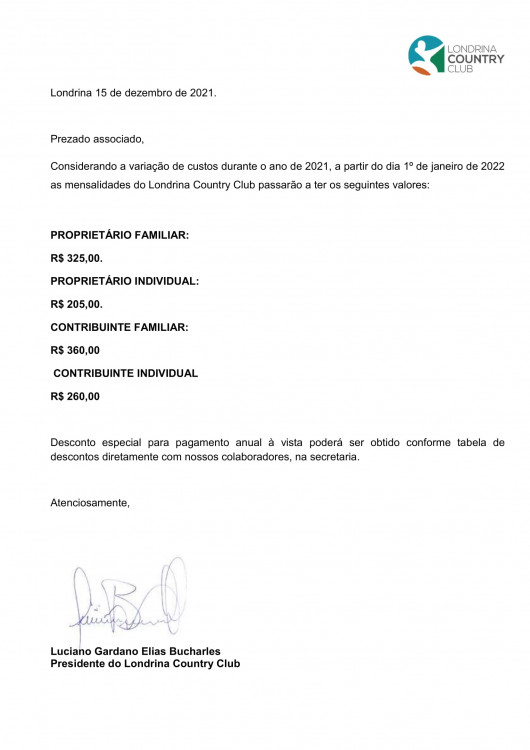 Carta reajuste mensalidade 2022 - Associado -1